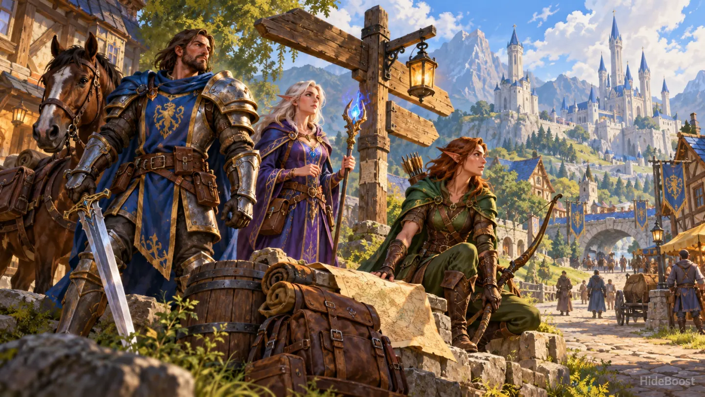 Fantasy adventurers with different weapons prepare to begin a journey
