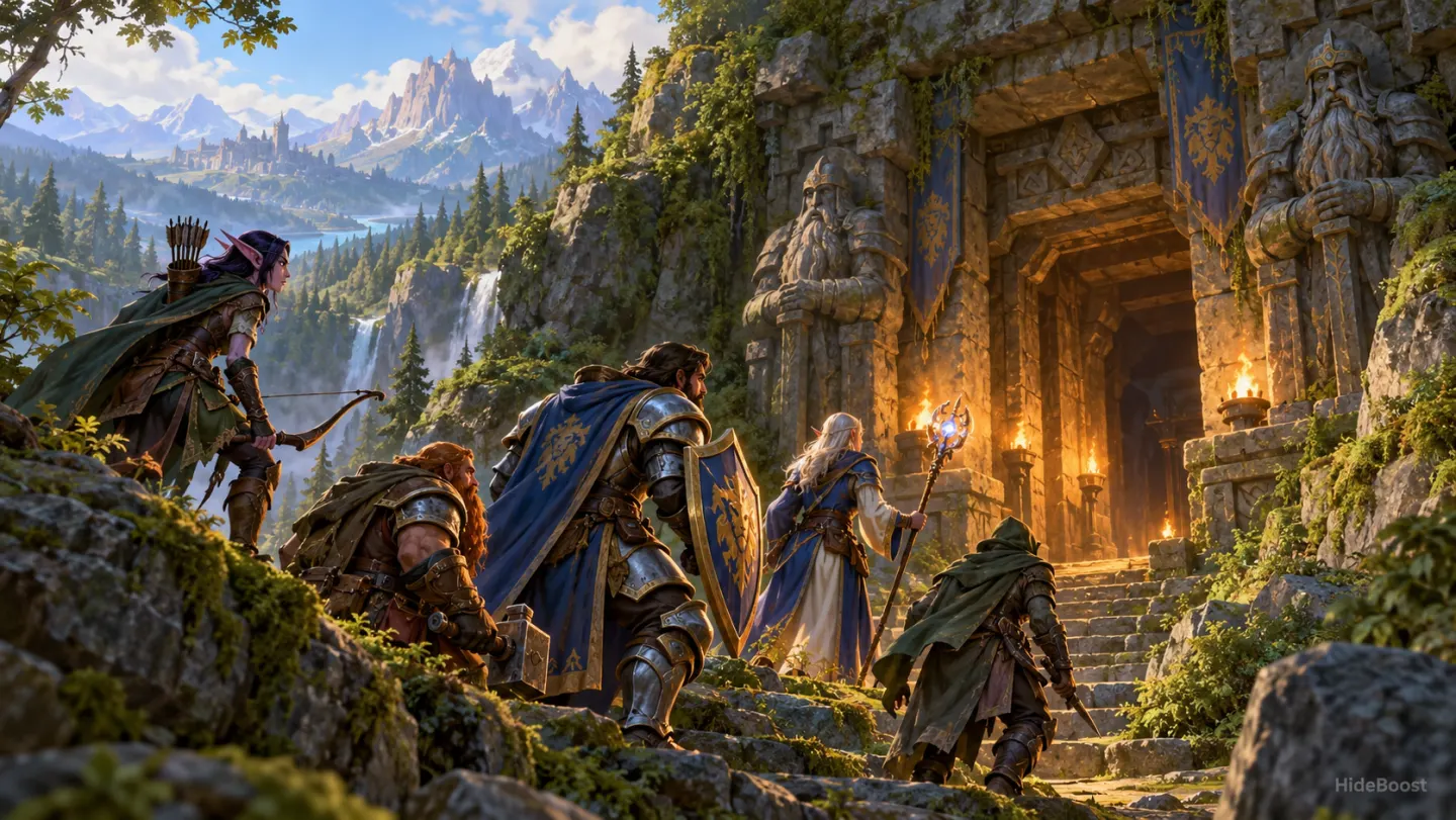 A group of adventurers approaches a dungeon entrance