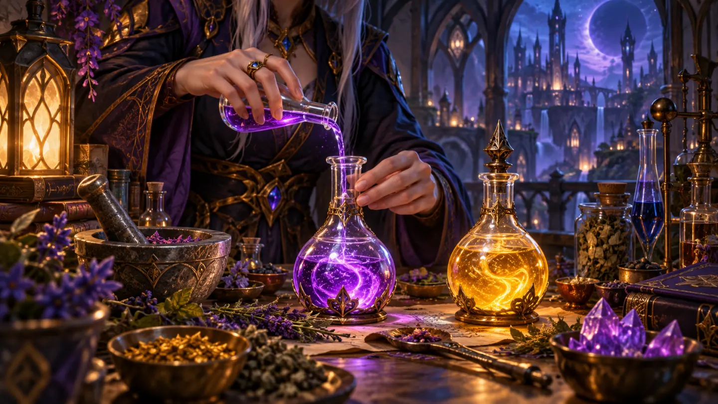 Fantasy alchemist preparing potions with herbs and glass vials