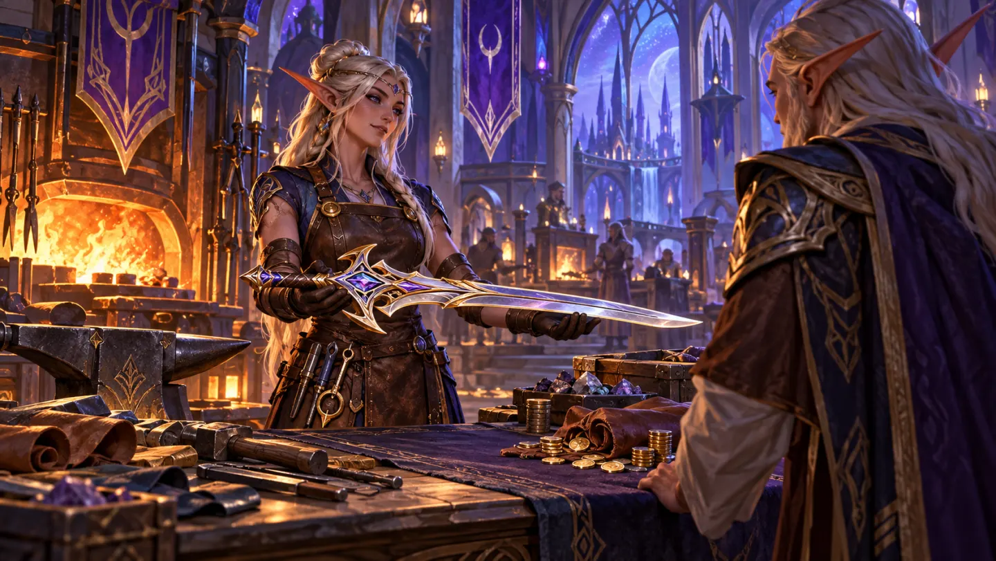 Fantasy artisan showing a crafted sword to a customer at a workshop