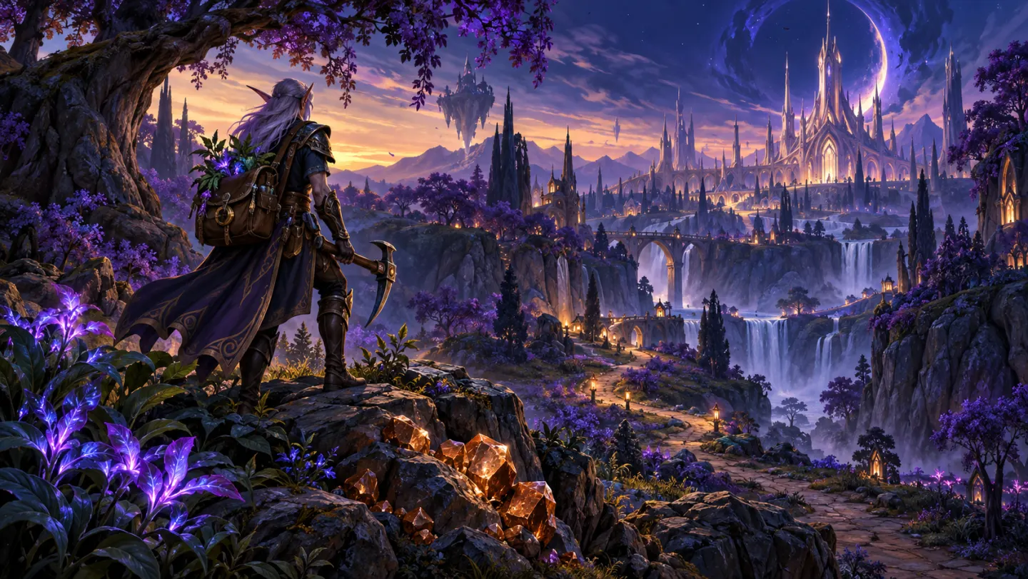 Elven adventurer with a pickaxe overlooking a twilight valley of glowing herbs and ore